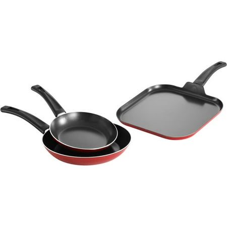 Generic Mainstays 3 - Piece Non - stick Saute Pan and Griddle Set, Red Enamel