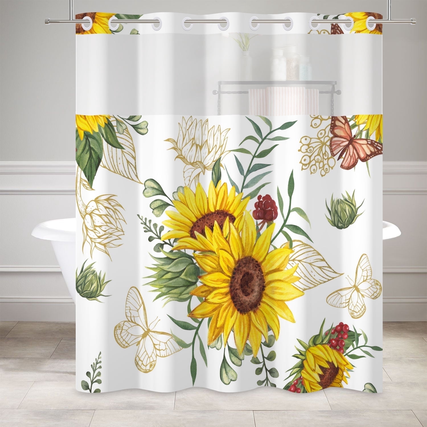 Mizhona Yellow Sunflower Shower Curtain with Snap in Liner,Butterfly No Hook Fabric Shower Curtain,71"x74"