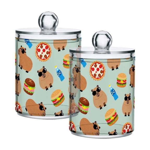 Capybarba and Food Pattern Plastic Storage Jar 2 Pack Clear Translucent Canisters Dustproof Lid