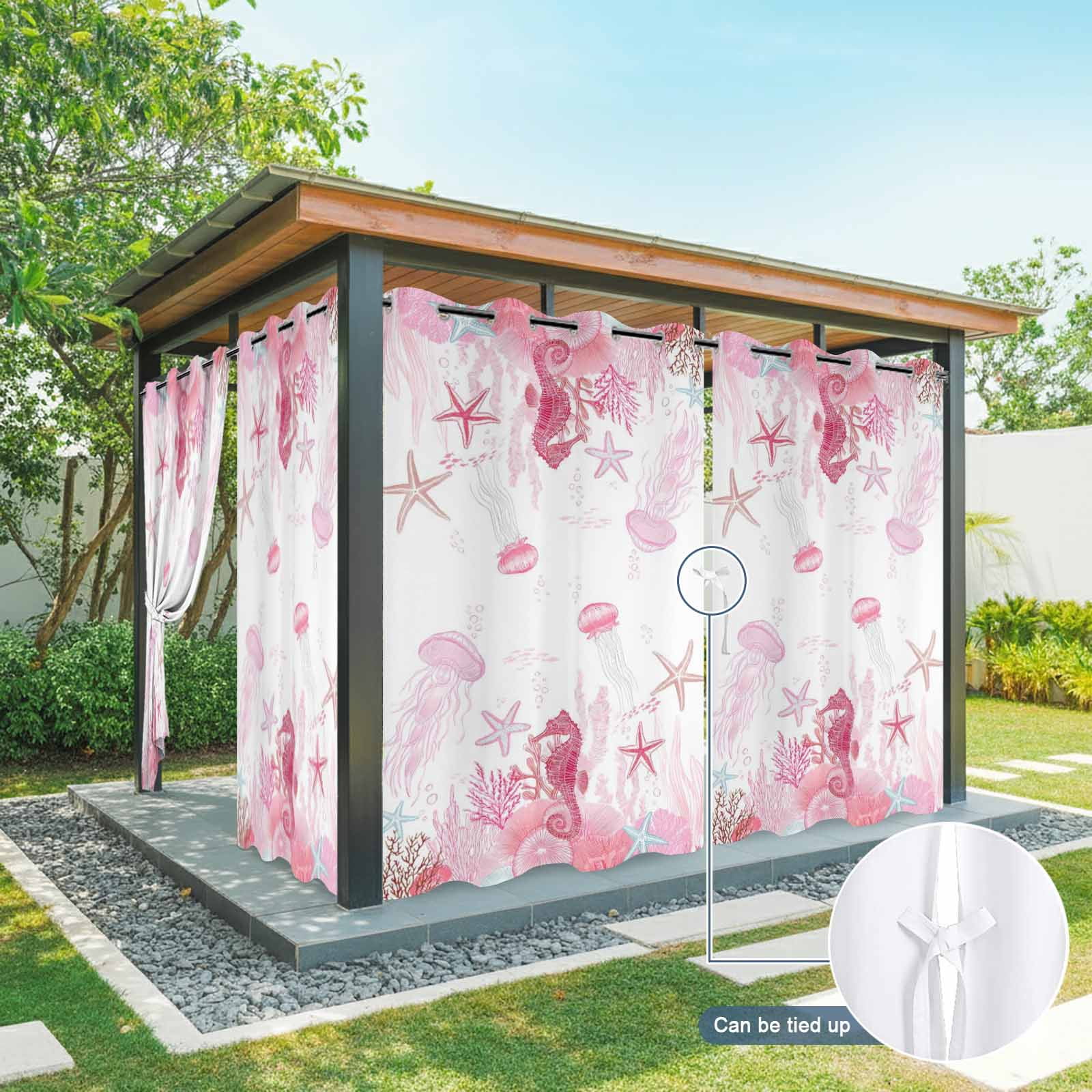 Pink Ocean Outdoor Curtains for Patio, Seahorses Jellyfish Starfish Watercolor Coastal Sunshade Privacy Drapes Grommet Waterproof Outside Curtains for Porch/Cabana/Balcony 54"x 108", 1 Panel