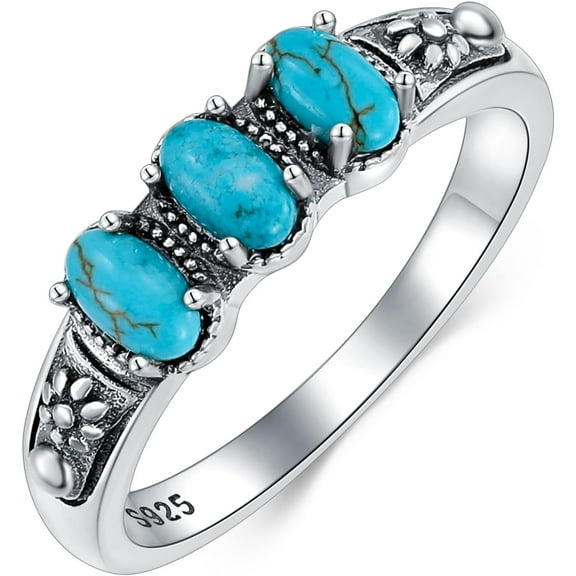 Real Turquoise Rings 925 Sterling Silver Genuine Turquoise 3 Stone Ring Vintage Southwestern Jewelry Gifts for Women