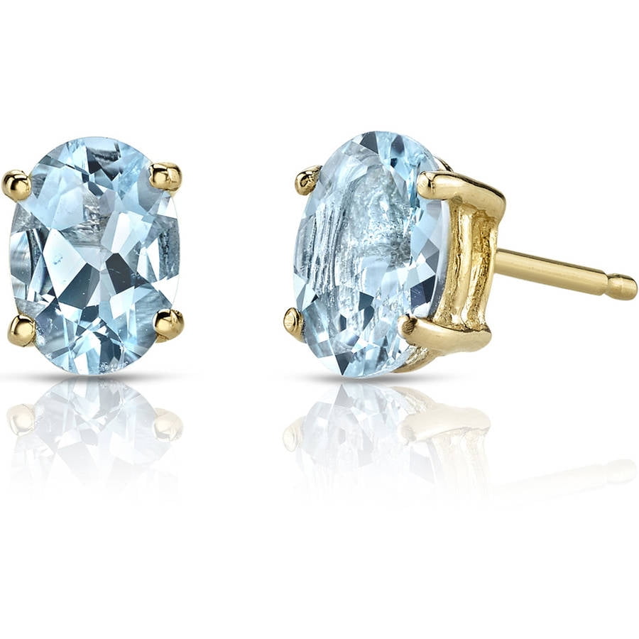 1CT Blue Aquamarine & Clear Halo Stud Round Earrings 14k Yellow Gold