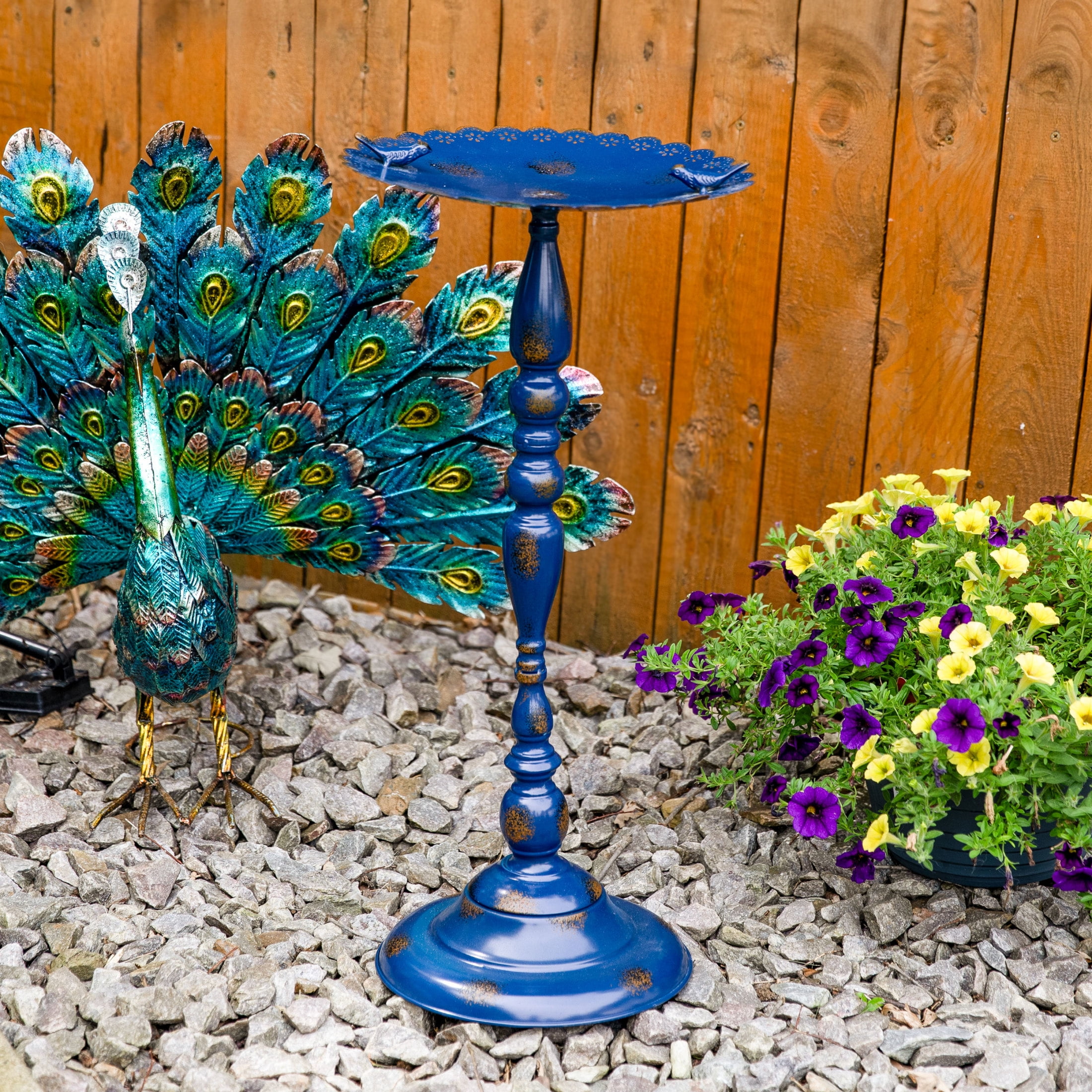 Sunnydaze Feathered Friends Freestanding Metal Outdoor Bird Bath, Blue