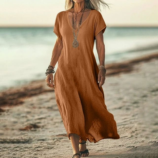 mfyjkho Vestidos para mujer, Vestido de lino de color liso con cuello en V y manga corta para mujer Vestidos de playa para mujer xxl