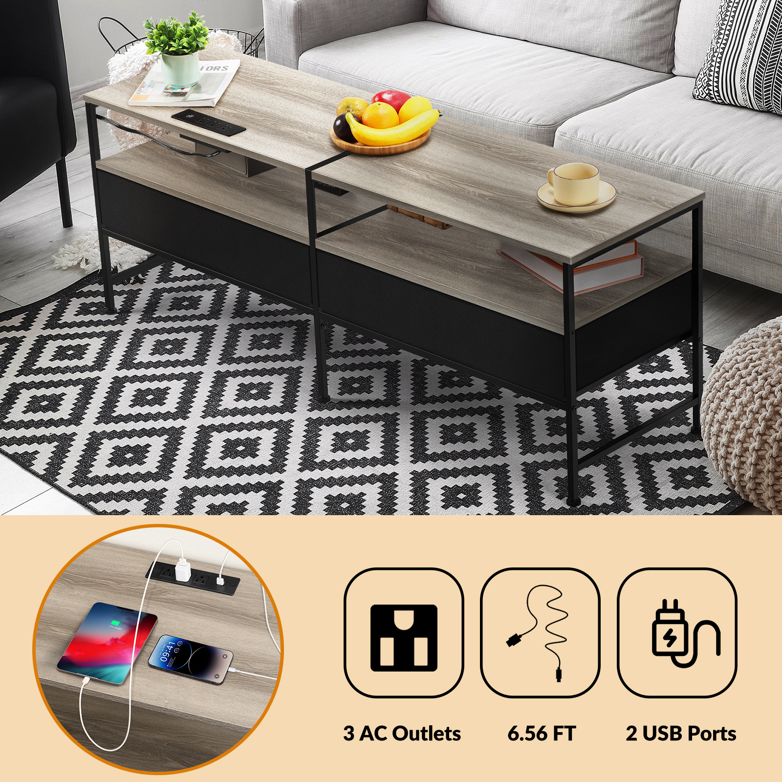55"L Extended TV Cabinet Industrial TV Cabinet with Fabric for Living Room, Bedroom with Charging Stake Gray