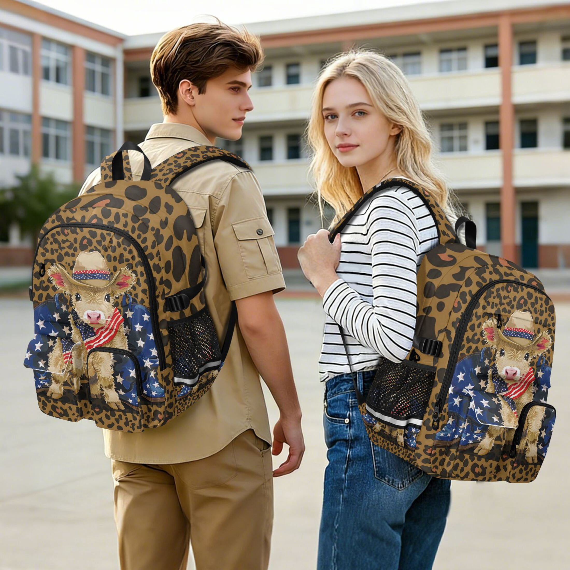 ALAZA Highland Cow Leopard Print Student Backpack School Bookbag Large Laptop Daypack Travel Bag