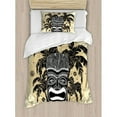 thumbnail image 3 of Tiki Bar Duvet Cover Set King Size, Hawaii Tiki Mask Figure Palm Trees Ornate Flowers Sunny Summer Party Print, Decorative 3 Piece Bedding Set with 2 Pillow Shams, Brown White Yellow, by Ambesonne, 3 of 3