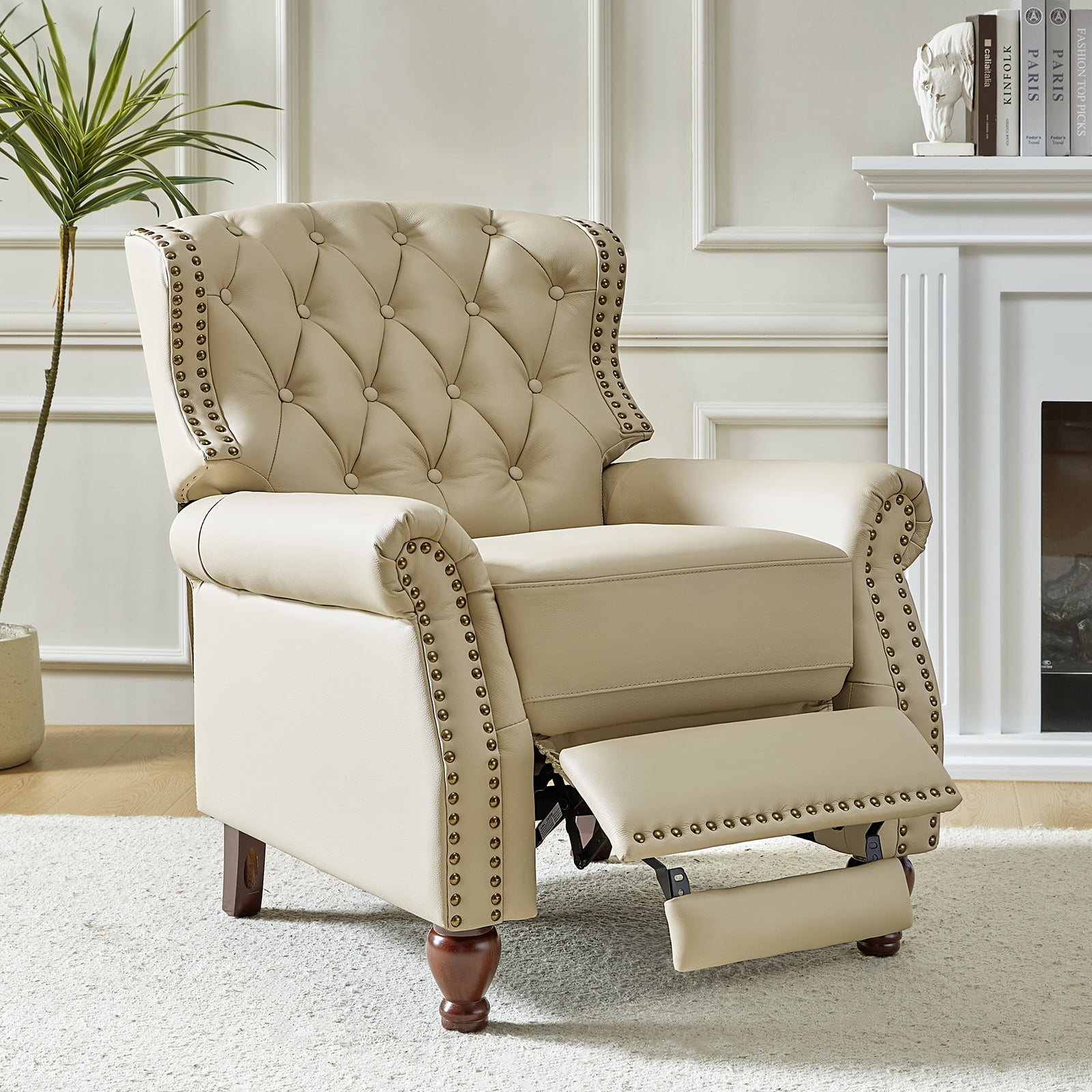 Traditional Genuine Leather Push Back Wingback Recliner Chair Tufted with Nailhead Trims and Solid Wood Legs for Living Room Beige
