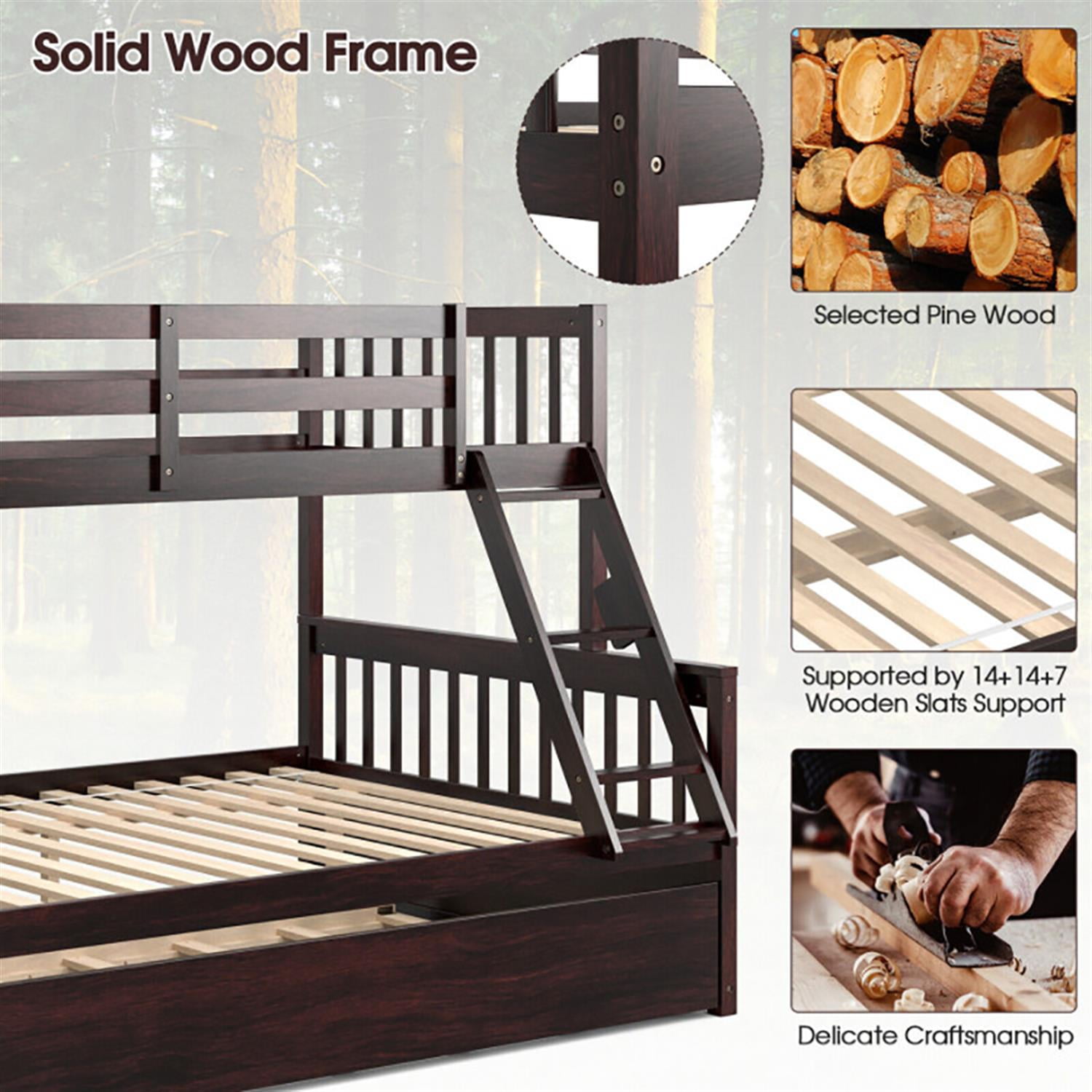 Demi Bonn Twin Pull-Out Bunk Beds with Ladder in the Steps and a Trundle, Full Convertible Bunk Bed Platform, Brown