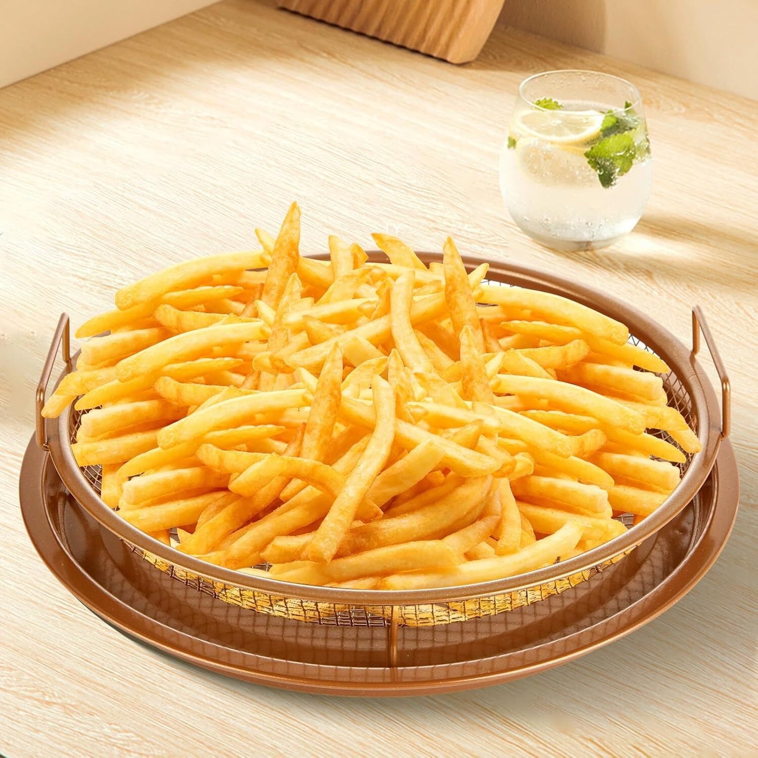 Air Fryer Basket for Oven, 2 Pieces Set Round 12'' Non-stick Stainless Steel Mesh Air Fryer Baking Tray Accessories Rack Roasting Grill Basket for Convection Oven Air Fryer, Dishwasher Safe