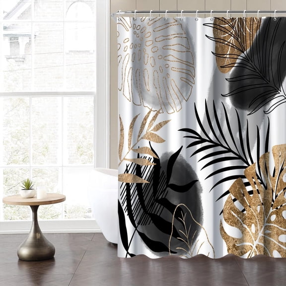 Black White Boho Shower Curtain Set for Bathroom Abstract Gold Black Tropical Palm Leaves Farmhouse Stall Room Partition Bath Decor Minimalist Modern Waterproof Fabric with Hooks 72x72 inches