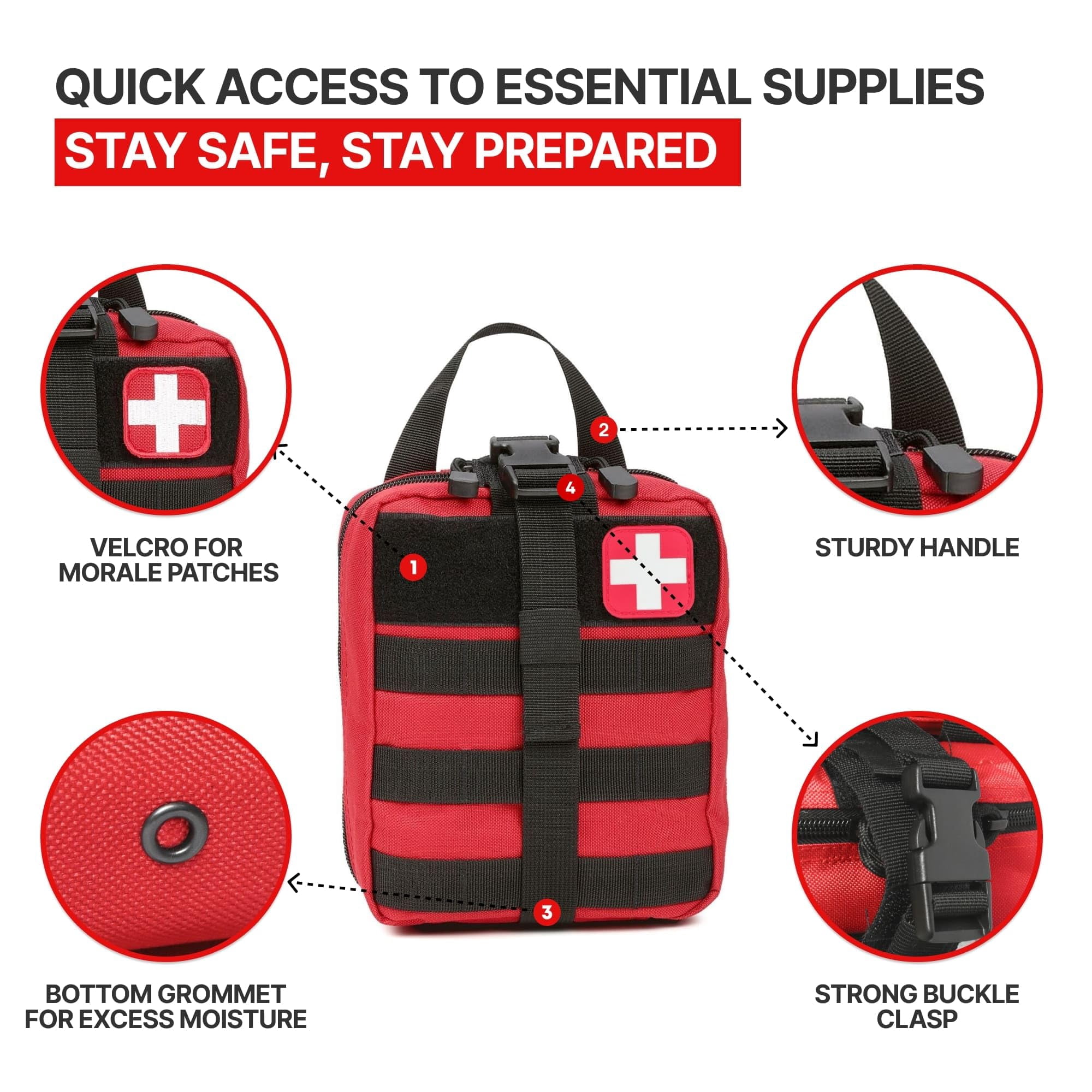 Universal Emergency First Aid Kit - Comprehensive 100+ Piece Medical Supplies with Portable Molle Pouch for Travel, Camping, and Outdoor Survival, Red