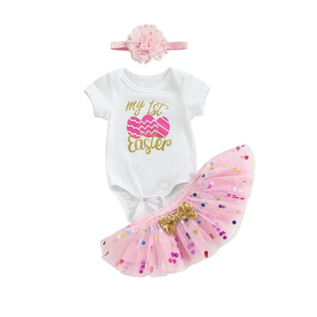

EYIIYE Easter Baby Girl Summer Egg Letter Print Short Sleeve Romper + Dot Mesh Short Skirt + Flower Hairband 3Pcs Set 0-18 Months