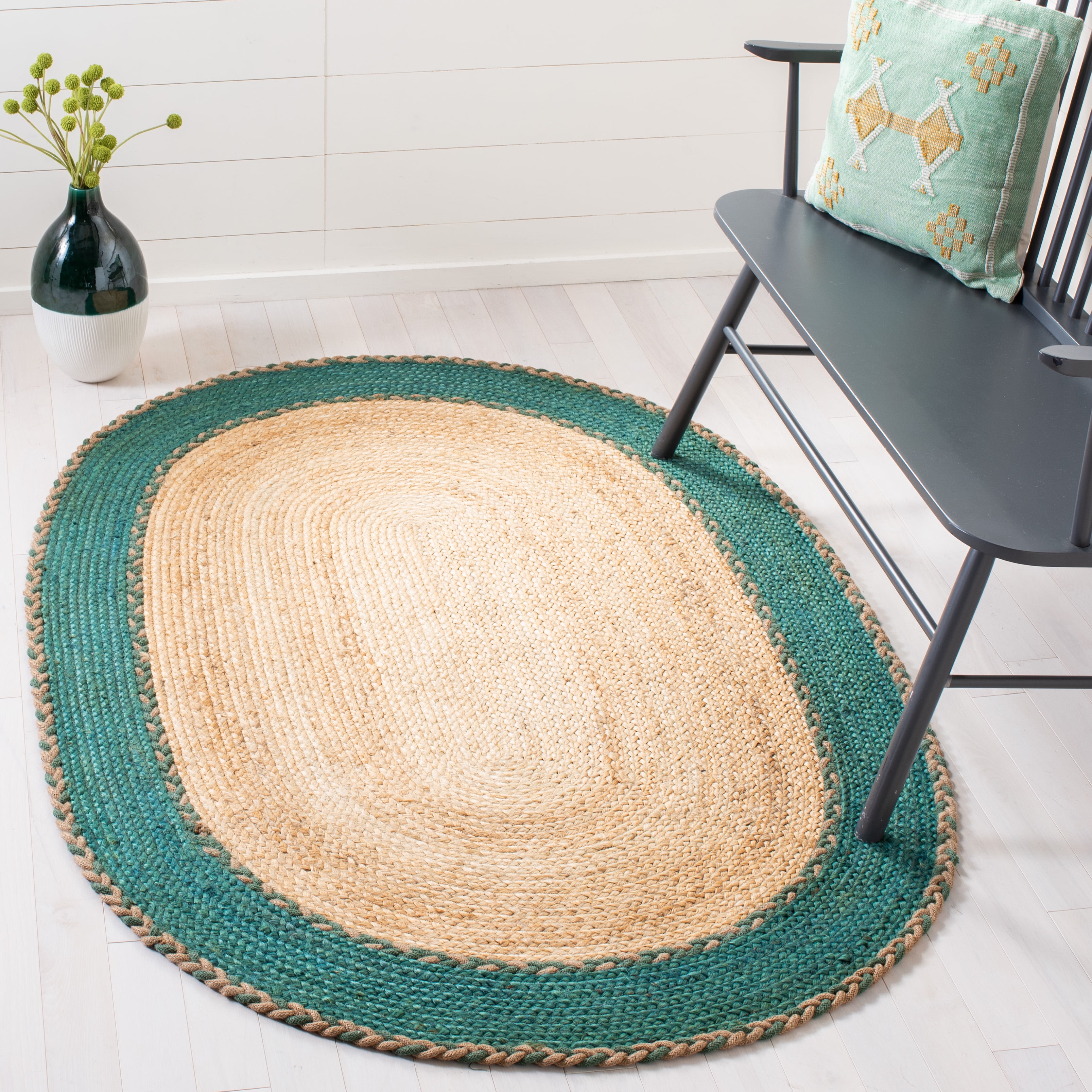 SAFAVIEH Natural Fiber Cirino Bordered Area Rug, Natural/Green, 4' x 6' Oval