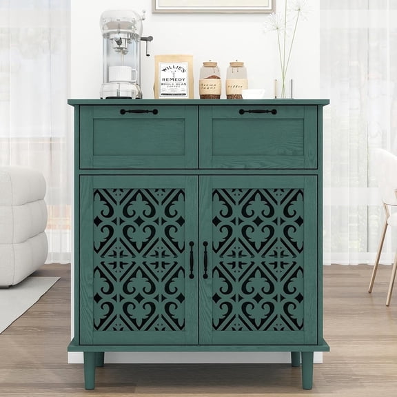 LFGUIZO Green 2-Door 2-Drawer 1-Rack Buffet Cabinet – Accent Cabinet with Adjustable Rack, Suitable for Storage in Dining Rooms, Studies and Kitchens