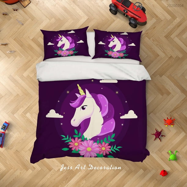 3D Purple Floral Unicorn Funda de edredón Juego de ropa de cama Funda de edredón Fundas de almohada
