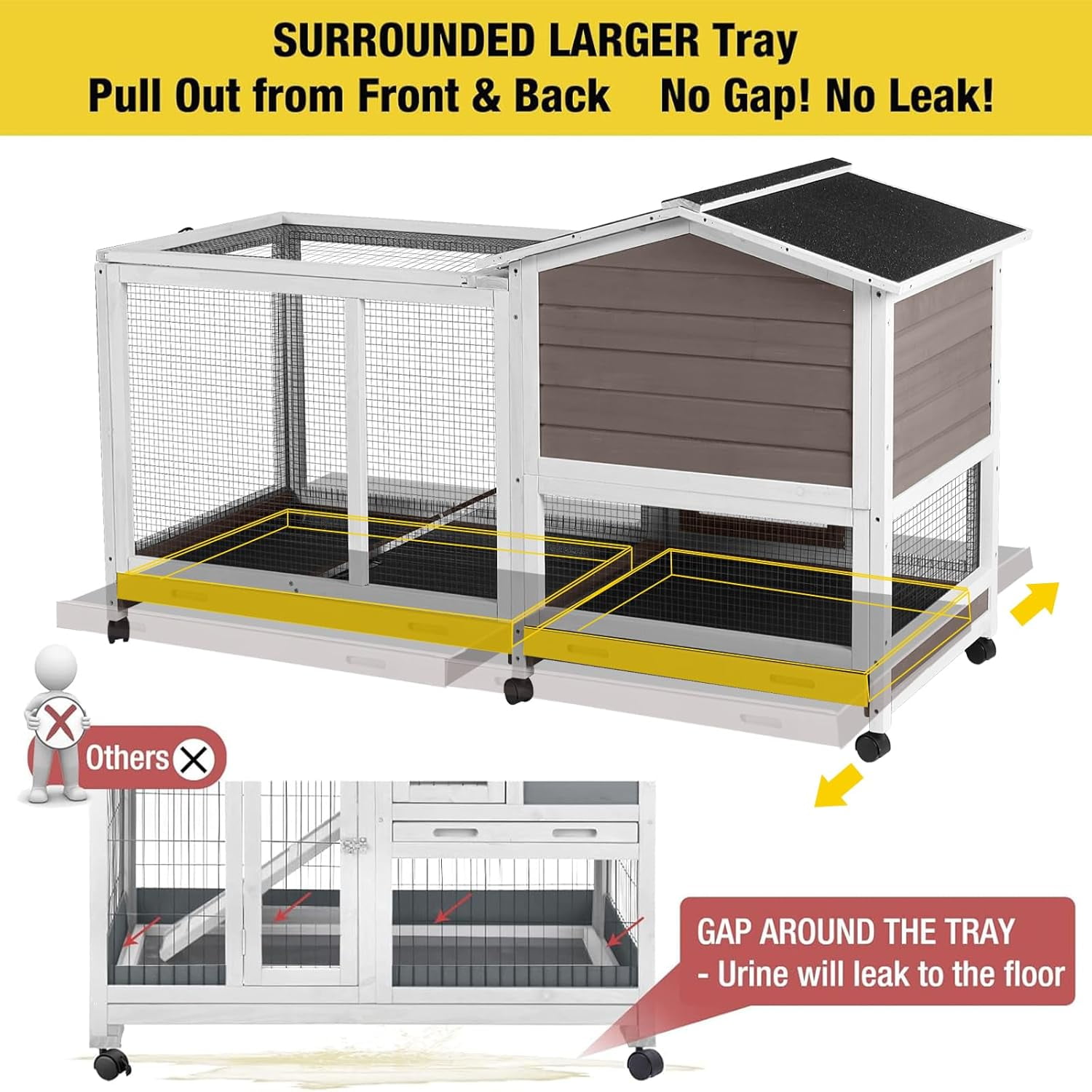 Aivituvin Rabbit Hutch Wooden Bunny Cage Indoor Outdoor Guinea Pig Cage on Wheels Large