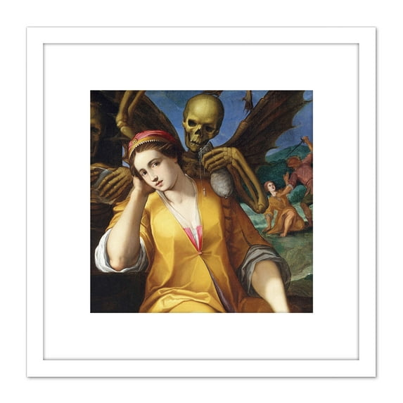 Ligozzi Allegory Avarice Skeleton Death Painting 8X8 Inch Square Wooden Framed Wall Art Print Picture with Mount