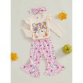thumbnail image 5 of Baby Toddler Girl Halloween Outfits 0 3 6 12 18 Months Letter Print Long Sleeve Romper with Pumpkin/Ghost Pattern Flare Pants and Headband, 5 of 9