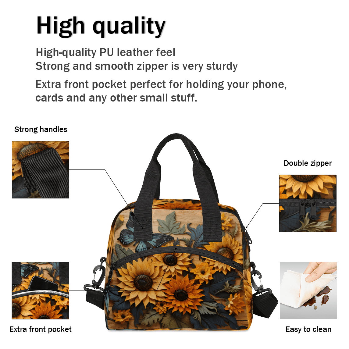 Herdesigns Sunflower Butterfly Insulated Lunch Bag for Women Men Adults Large Reusable Lunch Box Leakproof Portable Cooler Tote Bags with Adjustable Shoulder Strap