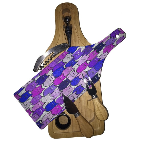 KuzmarK Wine & Cheese Glass Cutting Board Wood Box Gift Set - Very Purple and Blue Tiny Chubby Kitties Art by Denise Every