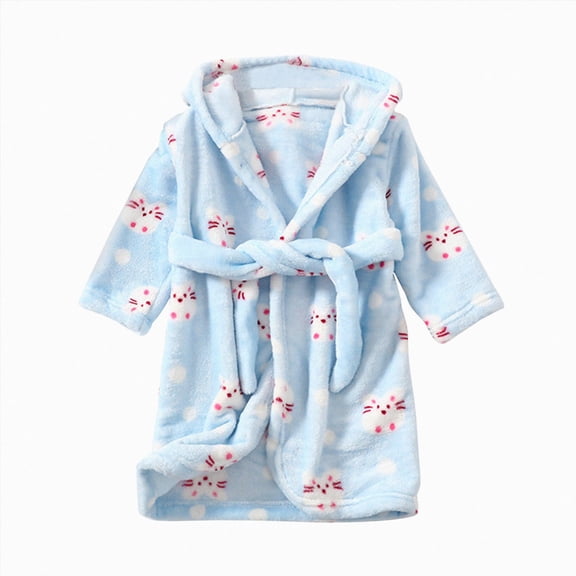 WUANDIXFA Kids Baby Boys Girls Autumn Winter Bathrobe Hooded Robe Toddler Night-Robe Soft Fleece Sleepwear with Belt Toddler Robes for Girls,Blue,3-4 Years