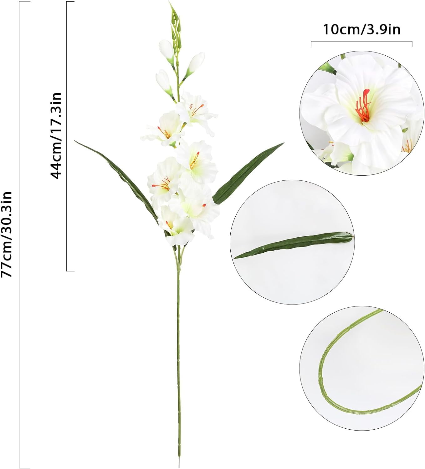 White Gladiolus Artificial Flowers White Flowers 3.3in Gladiolus Flowers Silk Flowers Long Stem Artificial Gladiolus Flowers for Home Wedding Office Decoration(White)