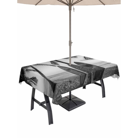 Outdoor Tablecloth with Umbrella Hole for Patio/Picnic/Party/Camping, Grey Coastal Beach Waterproof Table Cloth Rectangle Table Cover Washable, Summer Vintage Surfboards Coconut Tree (60"x 102")