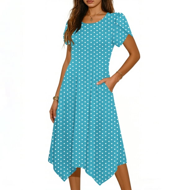 Mujeres Manga Corta Tops Casual Cuello Redondo Vestido de Impresión Irregularmente Falda Vestido de Manga Corta para Mujeres