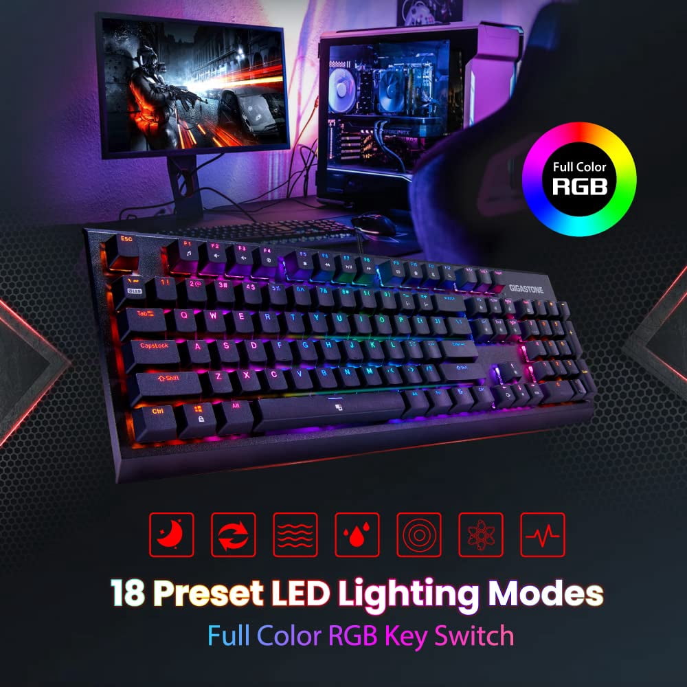 Gigastone GK-12 Mechanical Keyboard, Tactile Brown Switch, RGB LED Rainbow Backlit Gaming Keyboard, Precise Tactile Feedback, Full Anti-Ghosting, Full Size 104 Keys, Black