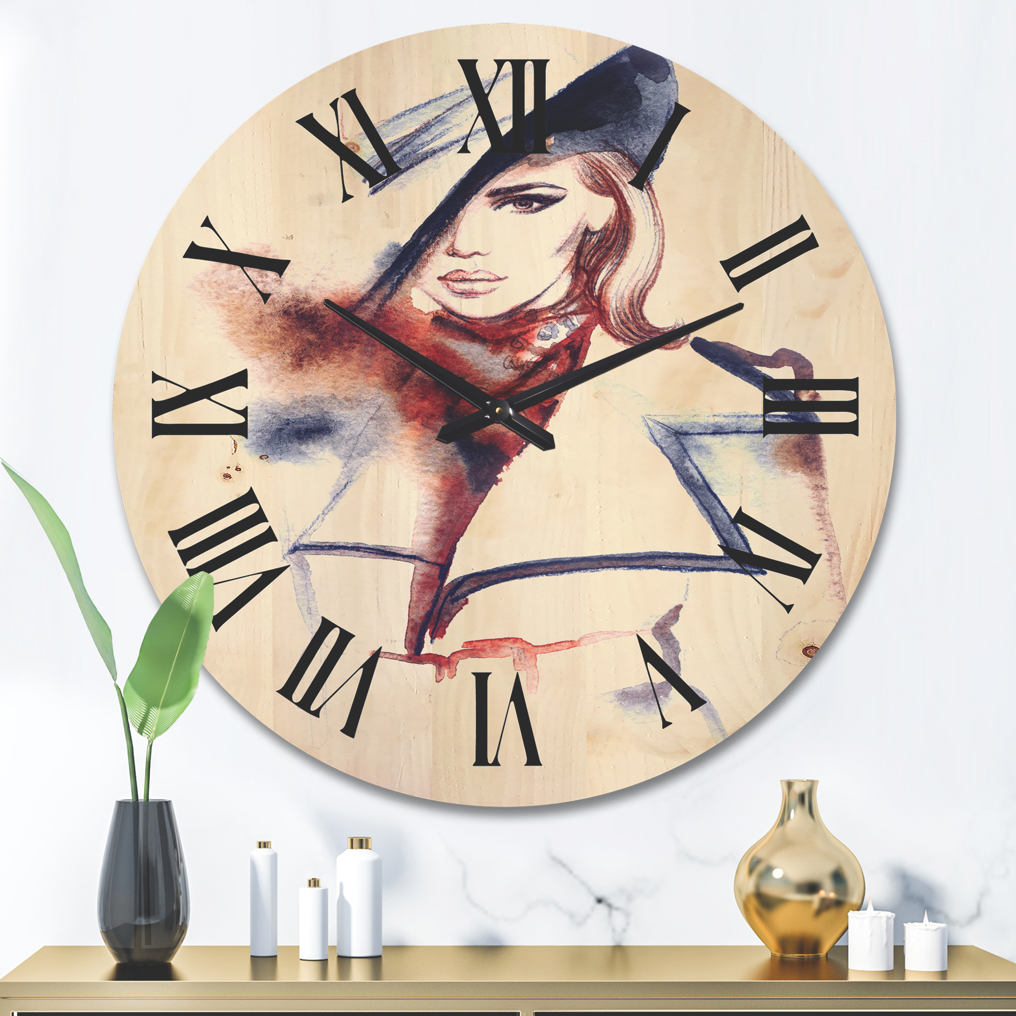 Designart 'Fashion Portrait of Woman Wearing Hat' Modern Wood Wall Clock