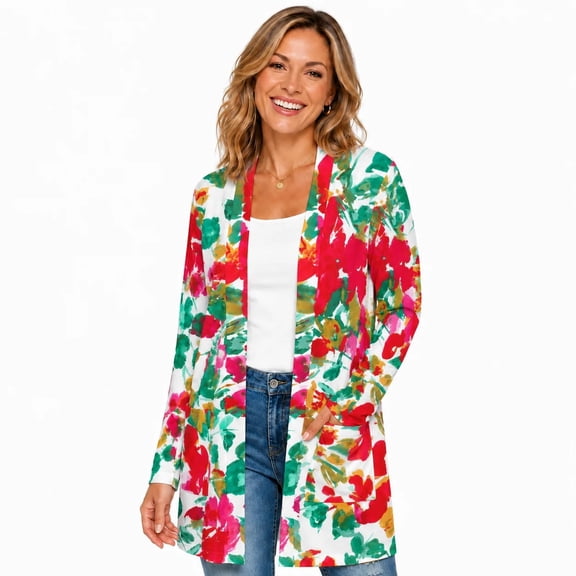 Women's Plus Size Abstract Floral Cardigan, Long Sleeve Open Front Tunic with Pockets