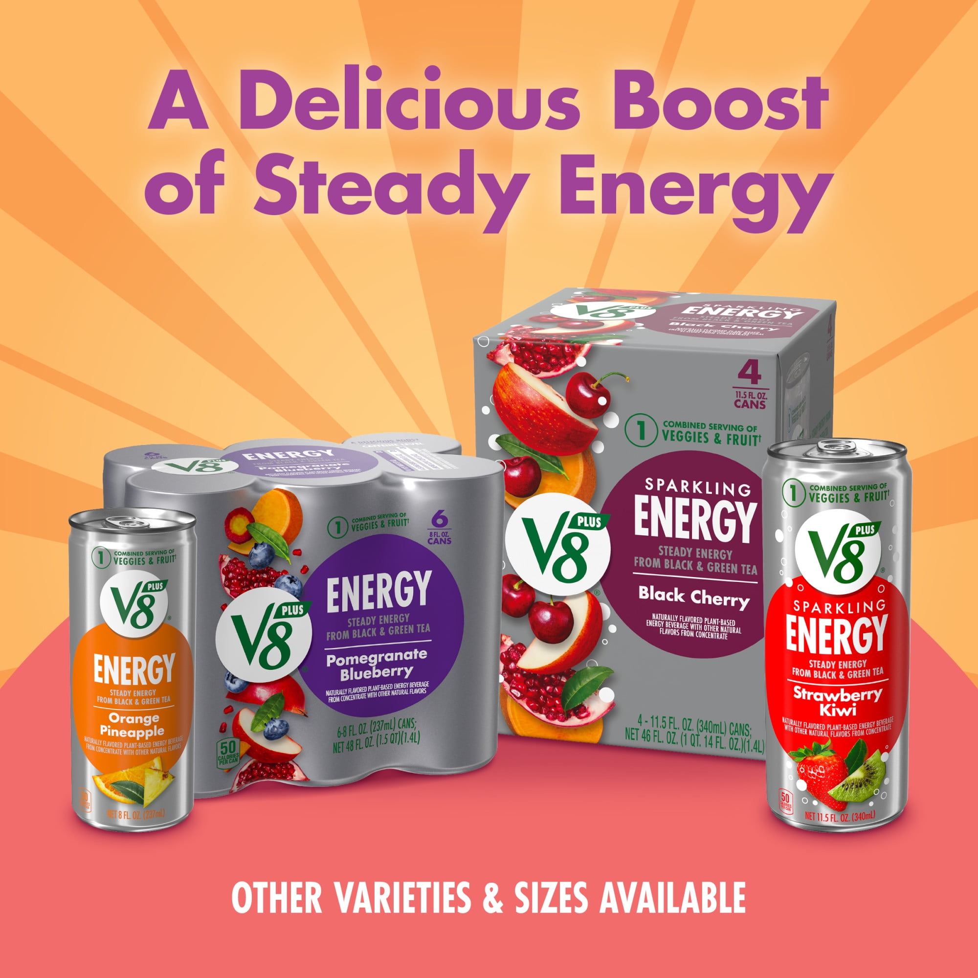 (4 pack) V8 +Energy Passionfruit Orange Guava Juice Energy Drink, 8 fl oz Can (24 Pack)
