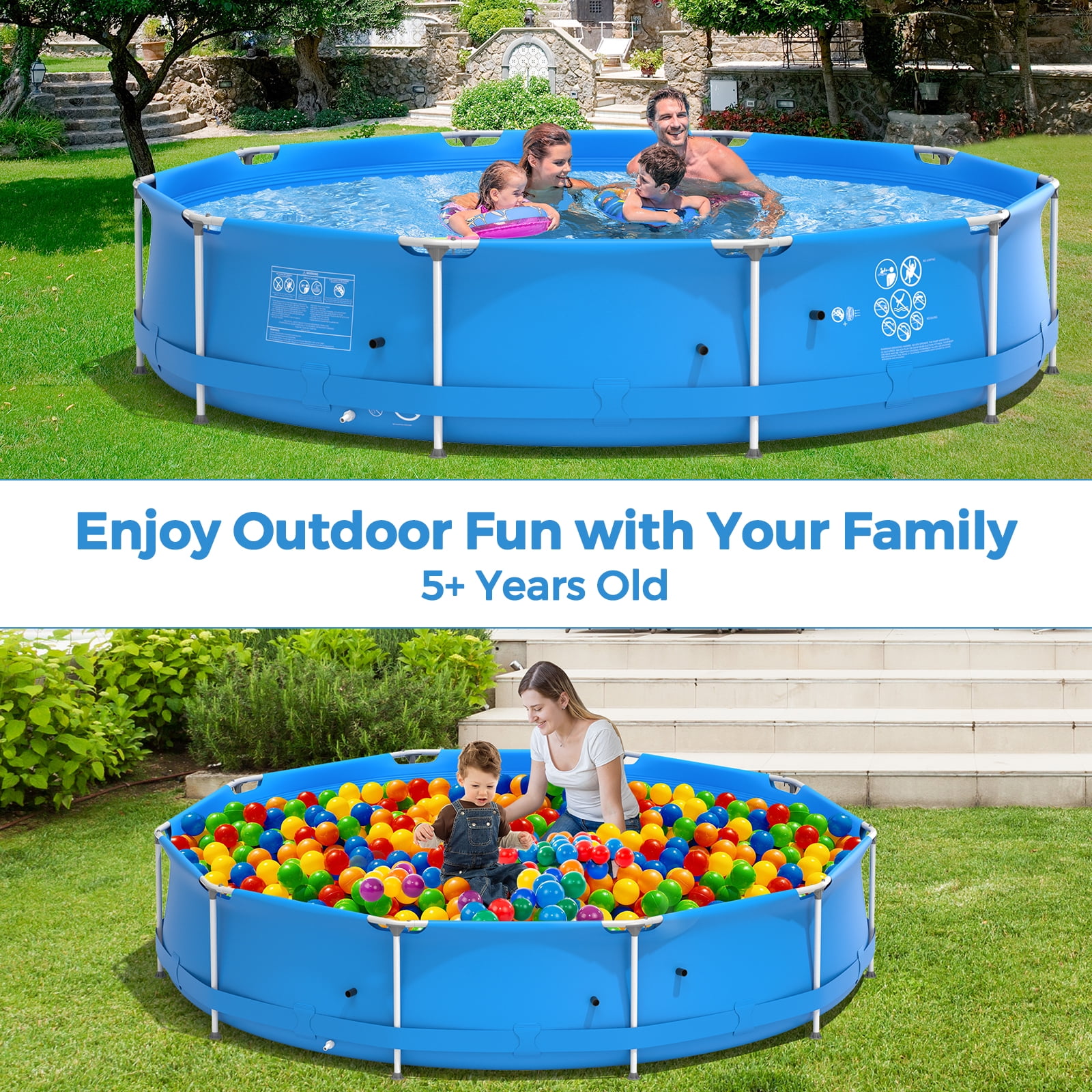 Infans Round Above Ground Swimming Pool Patio Frame Pool W/ Pool Cover Iron Frame Blue