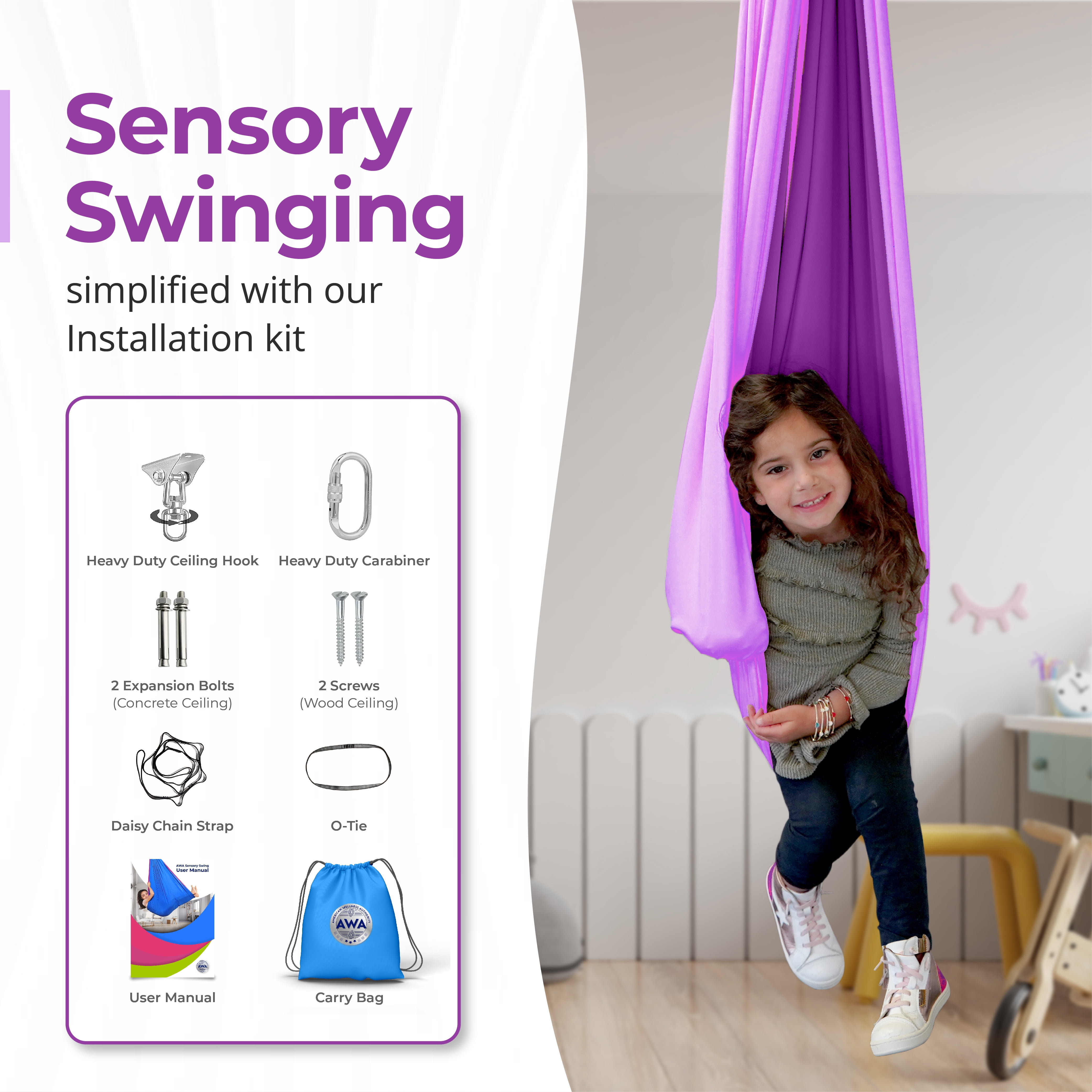 American Wellness Authority Sensory Swing Indoor for Kids & Adults with Special Needs Indoor Swing for Kids & Adults with Autism, ADHD, and Sensory Processing Challenges (Includes Hardware)