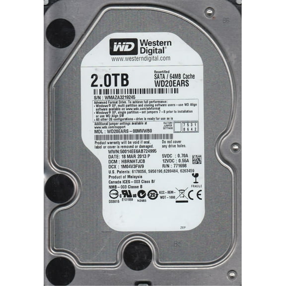 WD20EARS-00MVWB0, DCM HBRNHTJCB, Western Digital 2TB SATA 3.5 Hard Drive
