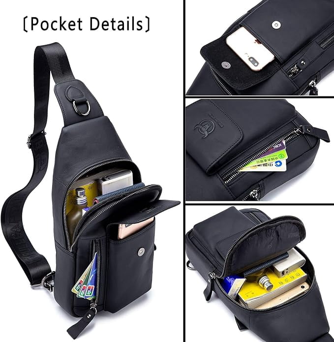 BULLCAPTAIN Genuine Leather Sling Bag for Men, Crossbody Chest Backpack with Adjustable Strap, Zipper Closure. , Black
