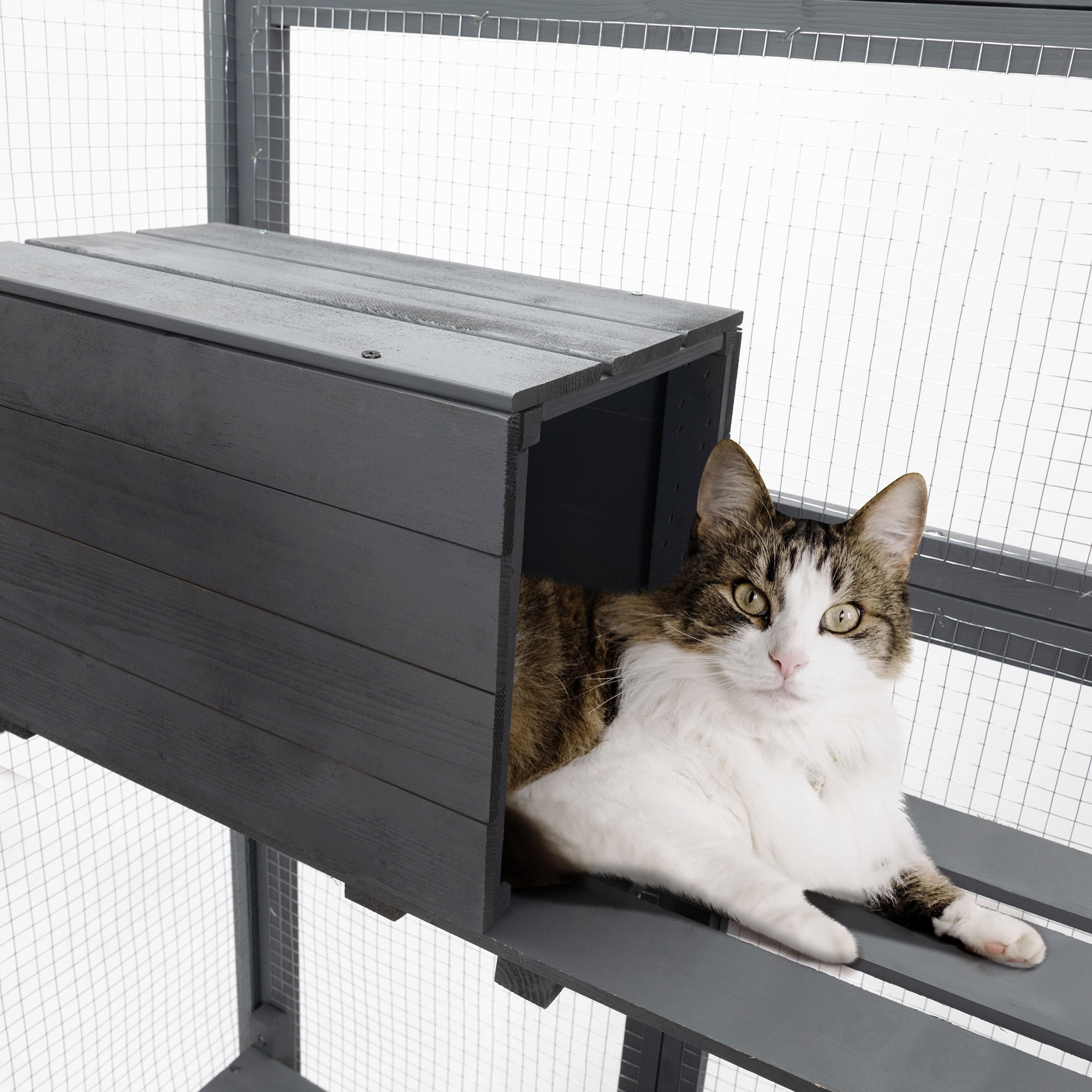 Coziwow Large Wooden Cat House, Outdoor Cat Enclosure with Weather Protection Roof, Catio Cat Cage with 5 Platforms and 2 Caves, Gray