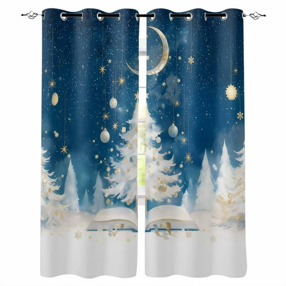 Hokiten Blue Christmas Tree Blackout Curtains | Light Blocking Print Window Curtains, Xmas Tree Yellow Moon Balls Thermal Insulated Window Drapes for Living Room Kitchen Cafe (2 Panels, 84"W x 84"L)