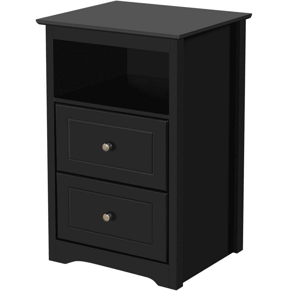 Renwick Wooden Nightstand with Storage Drawers and Open Shelf, Black