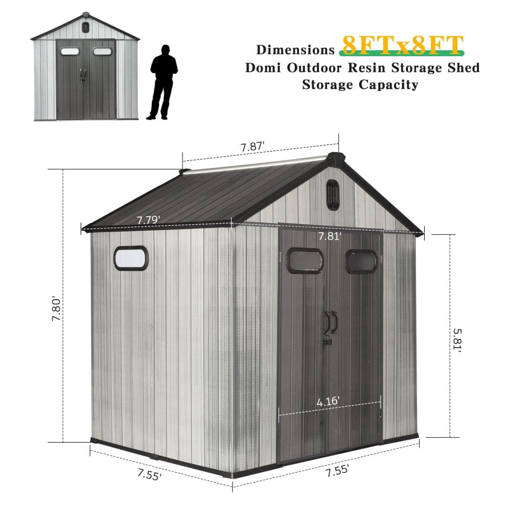 8x8FT Resin Outdoor Storage Shed – Lockable Door, Waterproof, Windows & Vents – Ideal for Patio Furniture, Lawn Mower, Bike Storage