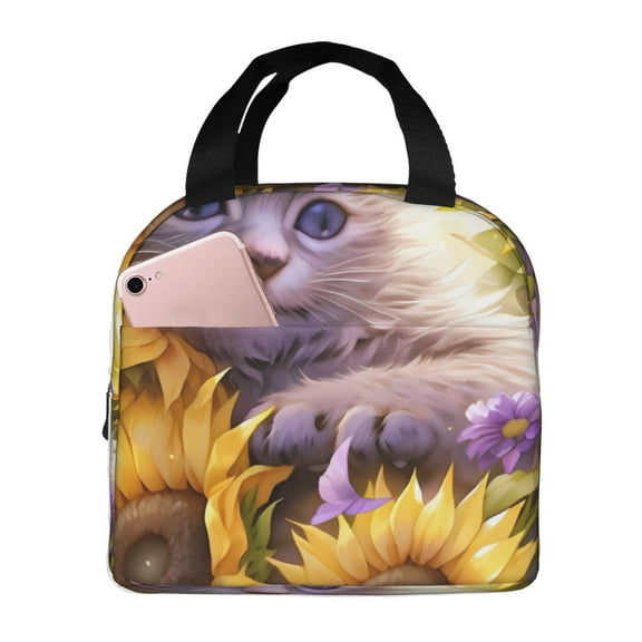 Vsdgher Daisy Sunflower Lazy Cat Lunch Bag, Lunch Box for Women Adult Men, Lunch Tote Insulated Cooler Lunch Container for Work/Office/Picnic/Travel