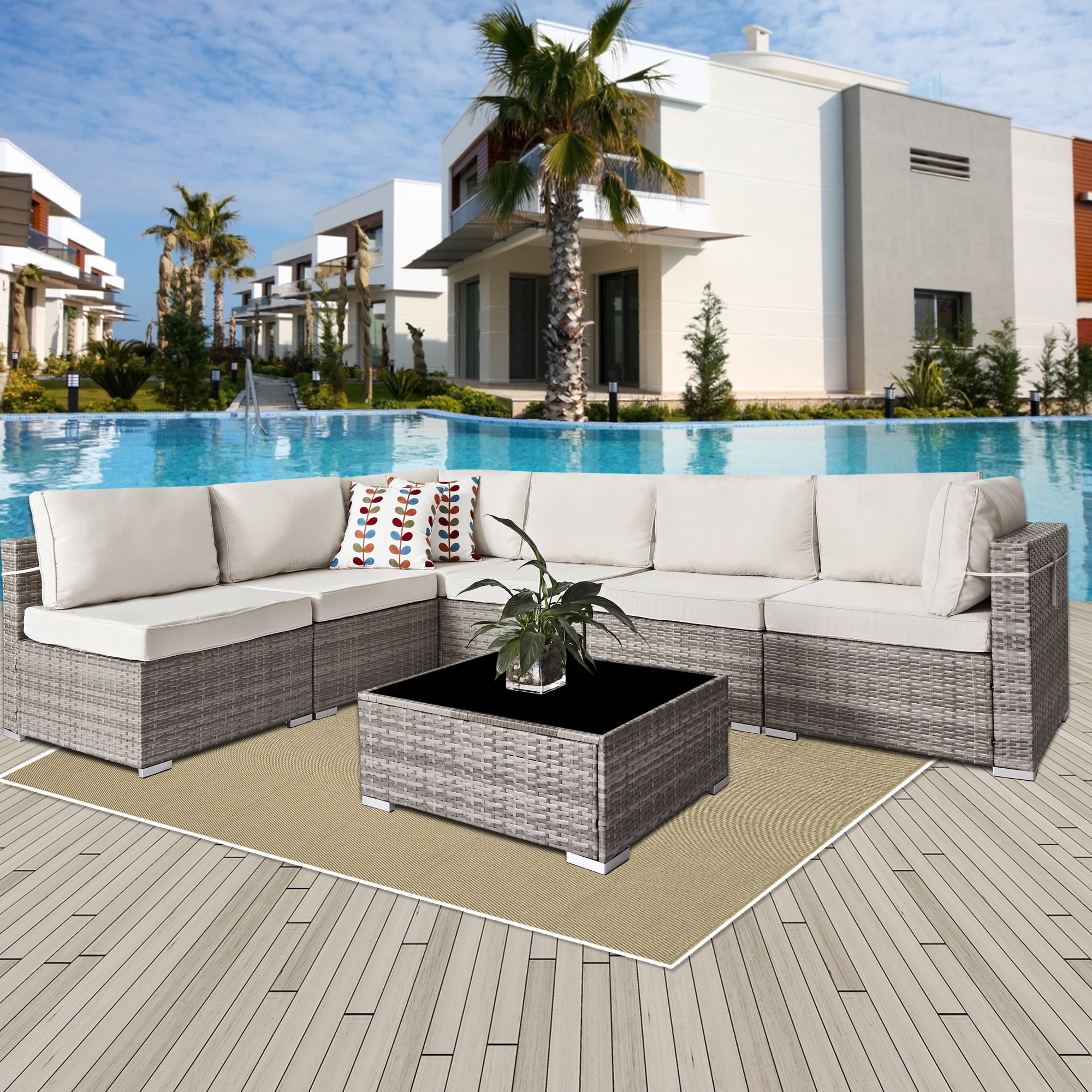 7 Piece Outdoor Patio Furniture Sets, Grey PE Wicker Furniture Set with