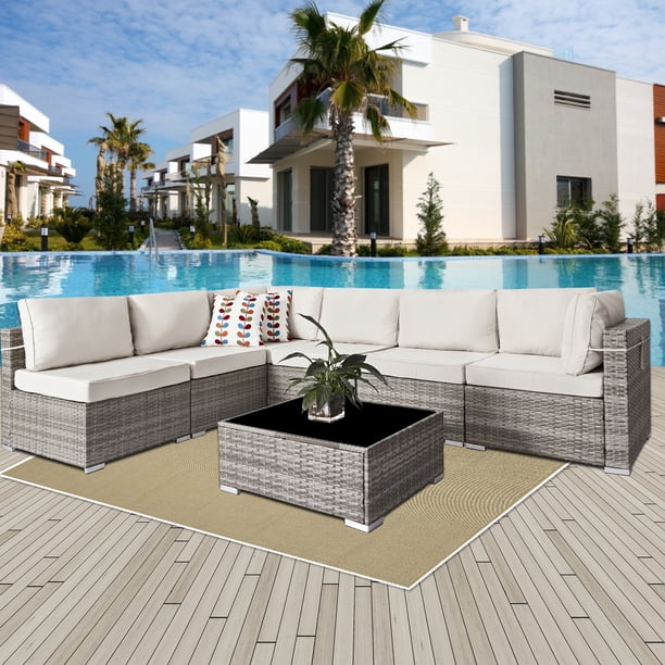 7 Piece Outdoor Patio Furniture Sets, Grey PE Wicker Furniture Set with