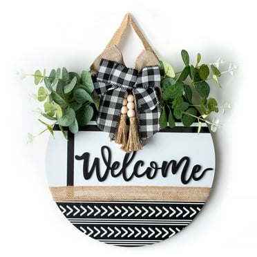 Hanobe Farmhouse Welcome Sign for Front Door Wood Door Hanging Sign for Halloween and Christmas Decor with Artificial Leaves and Rustic Beads