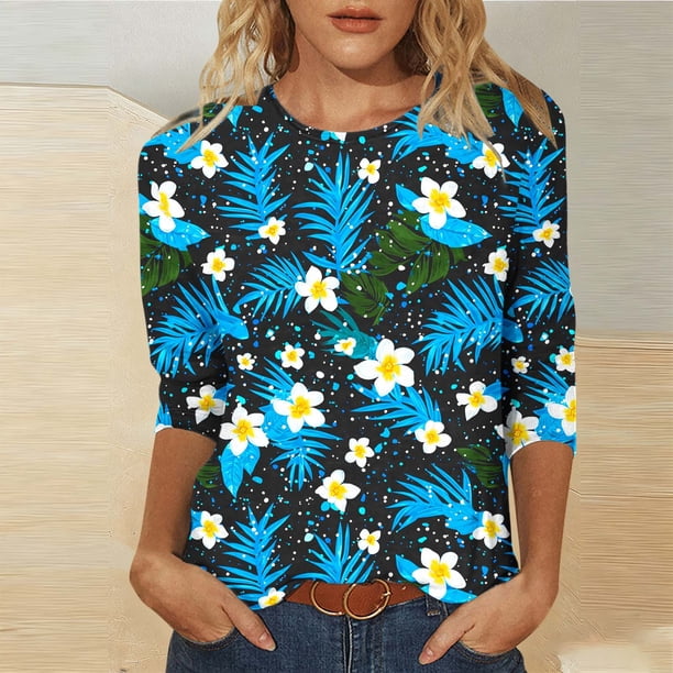 Xuyuer Women's Spring Summer Hawaiian Print Loose Casual Round Neck 3/4 Sleeve T-Shirt, Floral Pullover Top for Beach Vacations, Tropical Parties and Summer Holiday Style