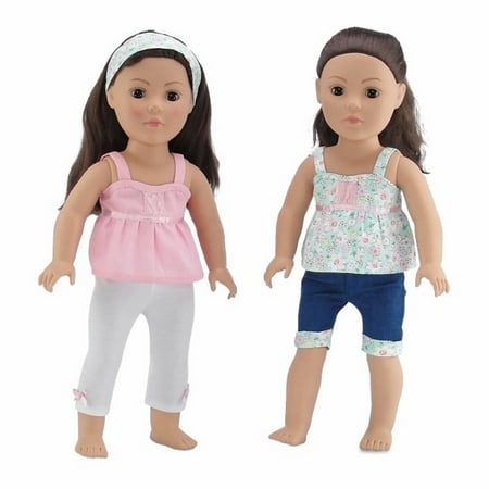 18 Inch Doll Clothes | Vintage Mix and Match Outfits, Includes 2 Tank Style Shirts, Cool Jean Shorts with Matching Floral Cuff, Creamy White Leggings and Matching Headband | Fits American Girl