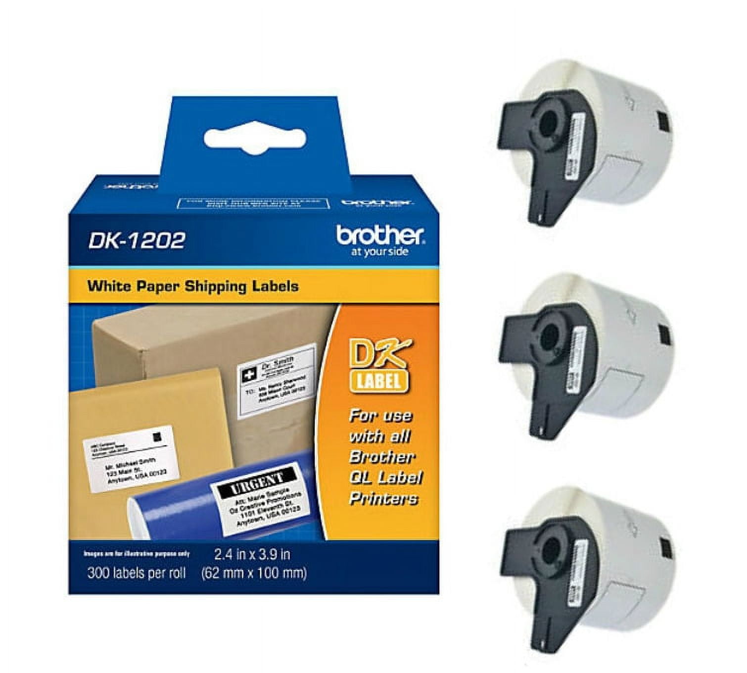 Brother DK-1202 3-Pack Die-Cut White Paper Shipping Labels, 2.4" x 3.9", 900 Labels