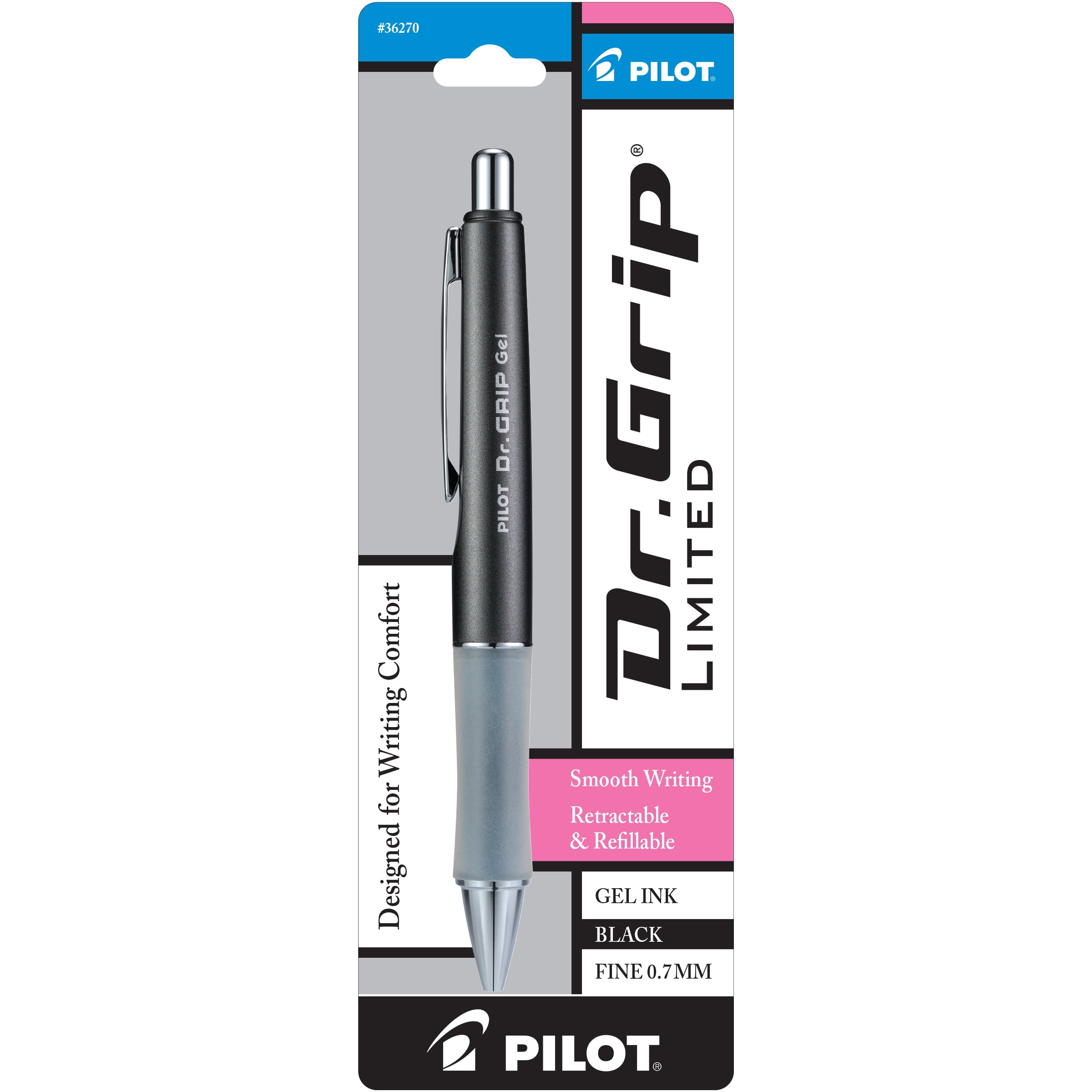 PILOT Dr. Grip Limited Retractable Gel Ink Pen, Fine Point, Gray Barrel, Black Ink, 1 Pack