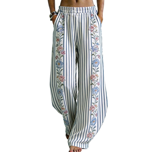 Pantalones de Piernas Anchas de las Mujeres Impresión Floral de Algodón Lino Suelto Casual de Cintura Alta Pantalones Largos Cónicos para Primavera Verano